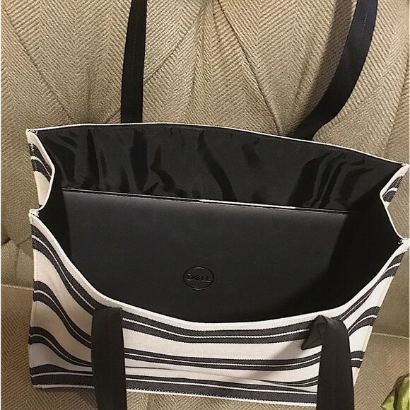 CANVAS TOTE STRIPS CREAM/BLACK WORK, LAPTOP, VACATION, SCHOOL - Picture 4 of 6
